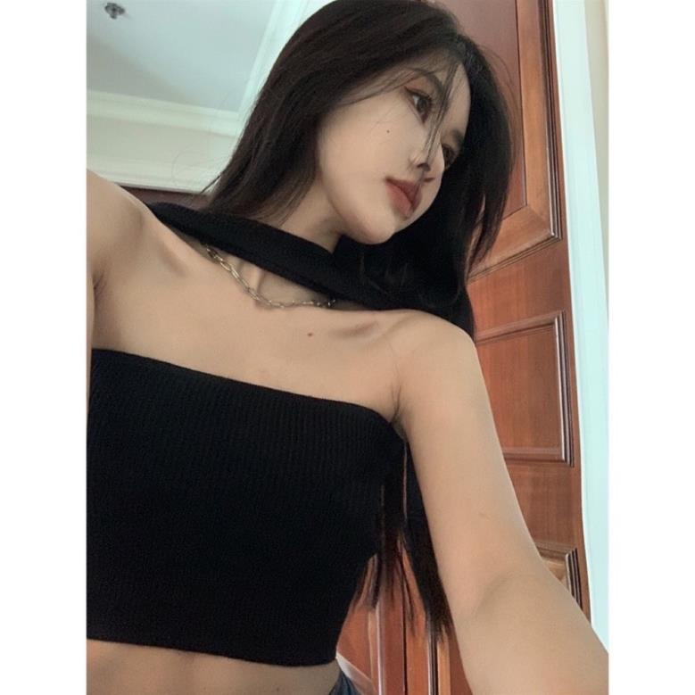 Kèm clip Áo ống croptop len tăm choàng cổ đủ màu mặc được 2 kiểu