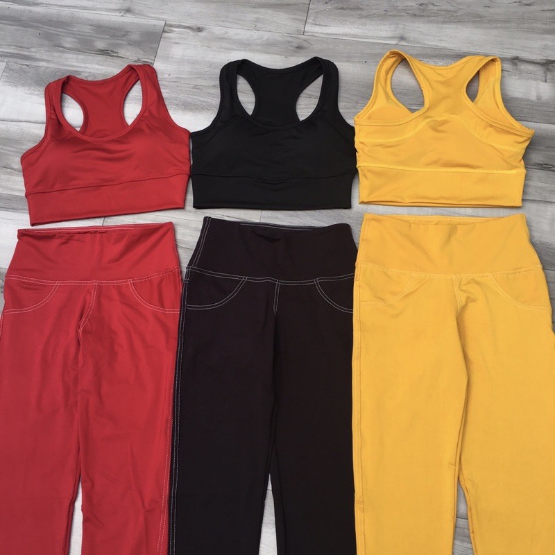 Bộ thể thao tập gym yoga nữ - Bộ tập bra trơn thun viền quần 2 túi sau