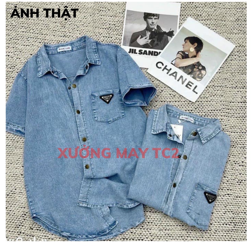 Áo sơ mi jean MẶT LOGO from rộng- áo bò demin ngắn tay phong cách ulzzang hàn quốc XƯỞNGMAYTC2