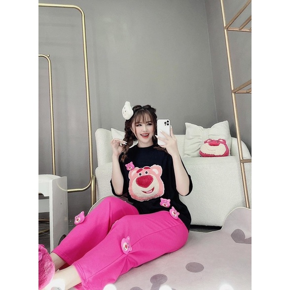 Set áo cotton gấu thêu quần suông đính gấu hình thật