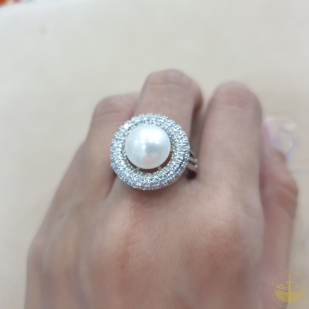 Nhẫn nữ đính ngoc trai bạc 925 freesize