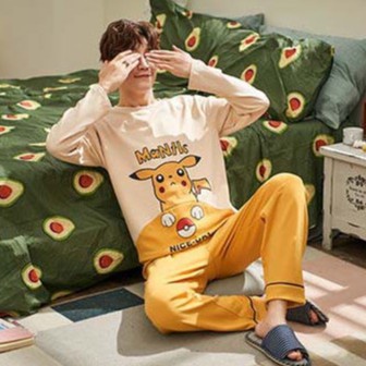 Bộ Đồ Ngủ Tay Dài Chất Liệu Cotton In Họa Tiết Hoạt Hình Dễ Thương Thời Trang Cho Nam