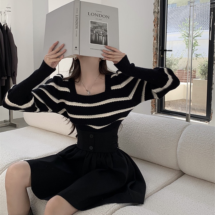 Áo kiểu ZHELIHANGFEI dệt kim cổ vuông tay dài phồng họa tiết kẻ sọc thời trang xinh xắn dành cho nữ