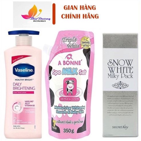 COMBO 3 SẢN PHẨM Dưỡng Thể VASELINE+Kem tắm trắng SNOW WHITE SECRET KEY+Muối Tẩy Tế Bào Chết A BONNE