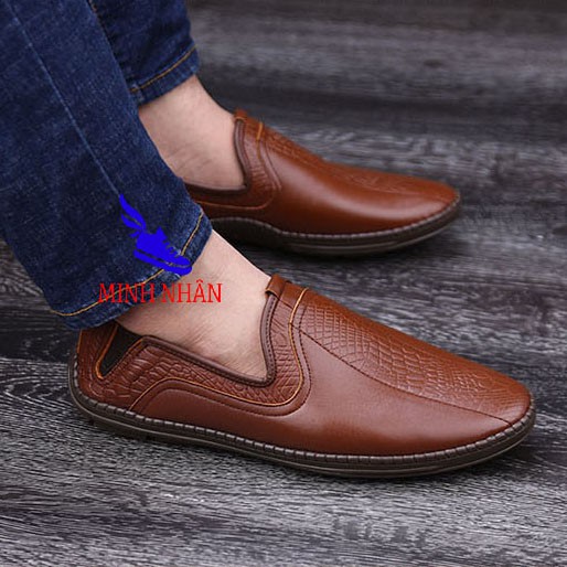 Giày lười nam da bò cao cấp mọi slipon in vân cá sấu đế bệt xỏ siêu mềm đẹp hàng hiệu giá rẻ mẫu mới nhất S-5 màu nâu