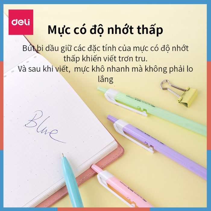 Bút bi bấm văn phòng mực xanh ngòi 0.7mm Deli giá rẻ viết nét đều trơn tru phù hợp cho học sinh 3336