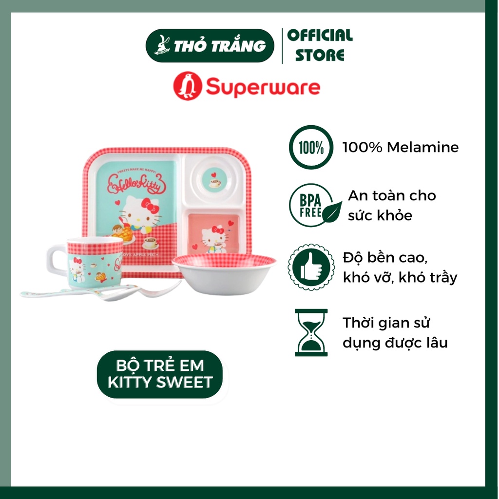 Bộ chén dĩa ăn dặm trẻ em hoa văn Hello Kitty Sweet cao cấp thương hiệu Superware