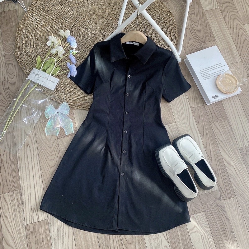 Đầm Váy Nữ Basic Cổ Sơ Mi Blapink Chiết Eo Lưng Chun Chất Liệu Thô Mềm Cao Cấp Đi Dạo Phố Đi Tiệc