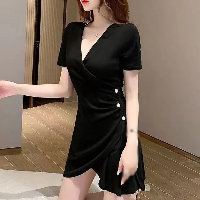 Đầm Đen Tay Ngắn Cổ Chữ V Thiết Kế Không Đồng Đều Xinh Xắn Thời Trang Dành Cho Nữ