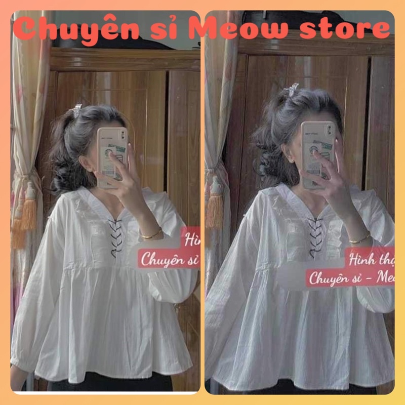 Áo tiểu thư babydoll cổ v đan dây tay bồng Quảng Châu
