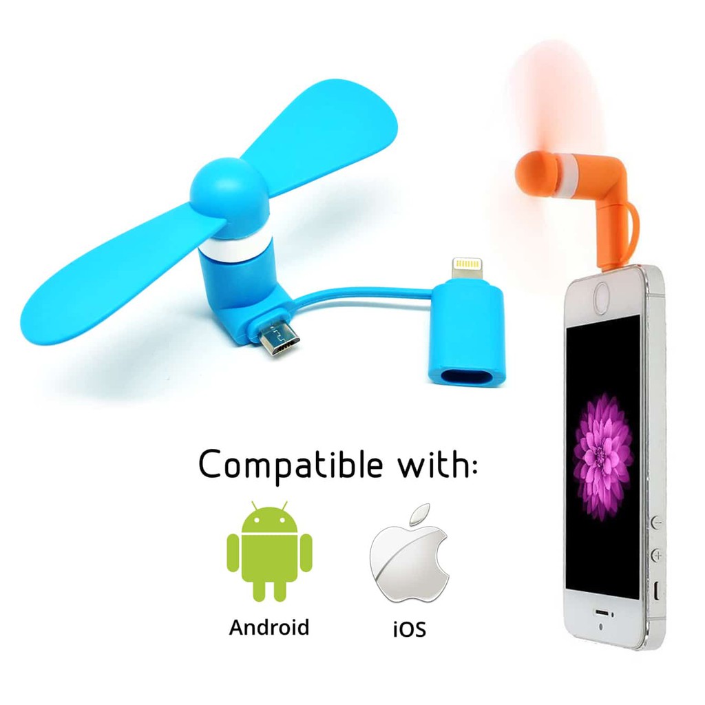 Quạt mini cổng USB 2 cánh tháo rời cắm điện thoại giúp làm mát với 2 đầu dành cho Iphone và Android