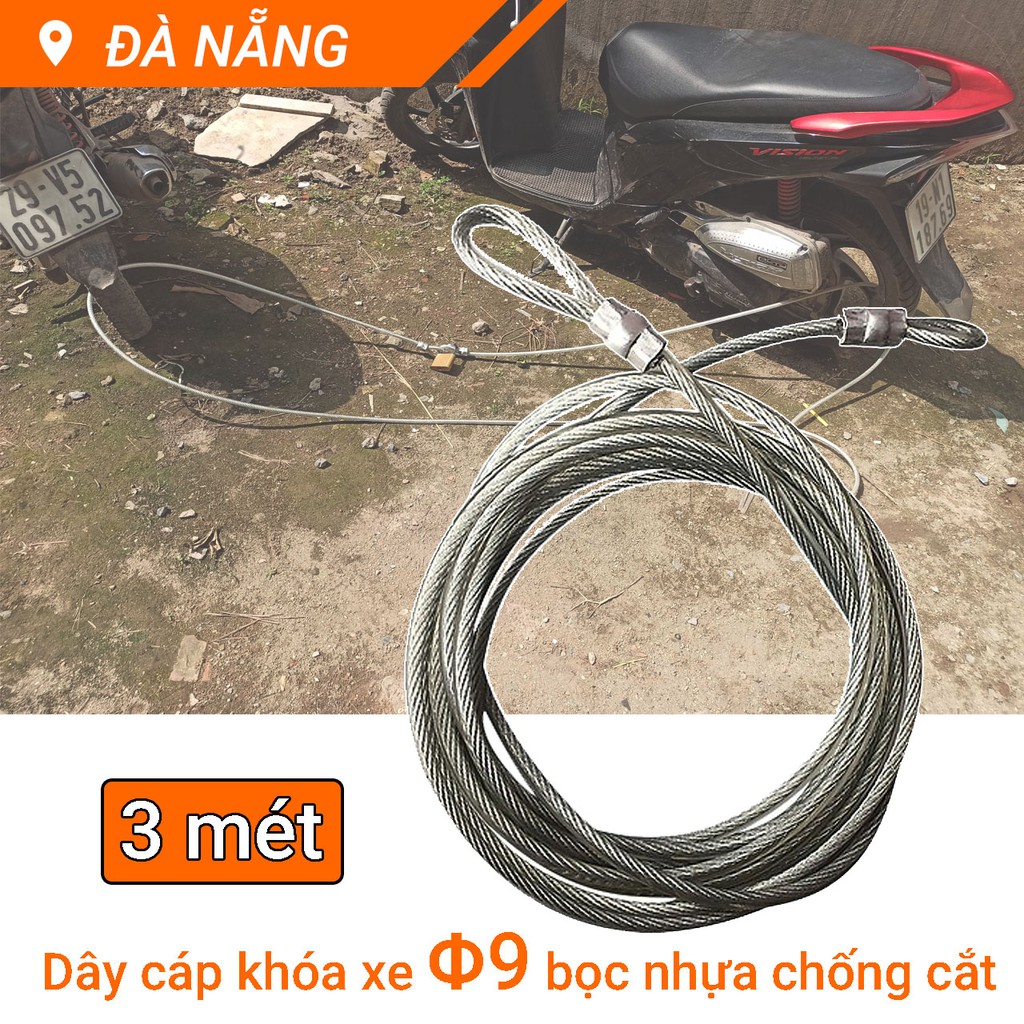 Dây cáp khóa xe máy lõi Φ9 ly chống cắt bọc nhựa dài 3m