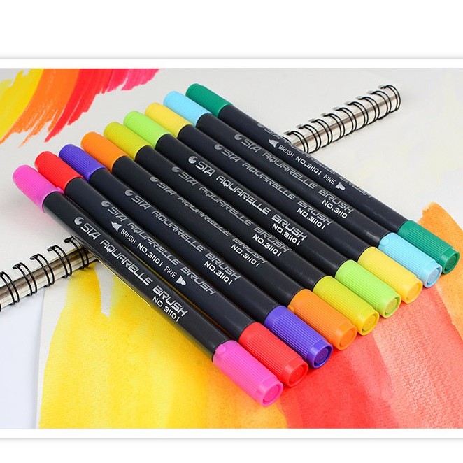 Bút brush 2 đầu nhiều màu: 1 đầu lông mềm + 1 đầu bút dạ fine cứng B01