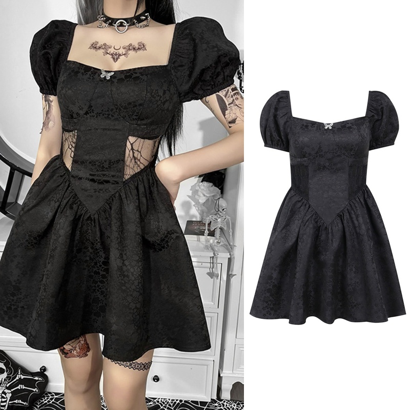 Đầm Xòe Chữ A Tay Ngắn Phồng Cổ Vuông Phối Ren Màu Đen Phong Cách Gothic Quyến Rũ Dành Cho Nữ