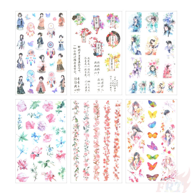 &gt; Ready Stock &lt; ❉ Flower &amp; Girl Giấy và decal dán tường ❉6Sheet/set DIY Diary Scrapbooking Decals Stickers