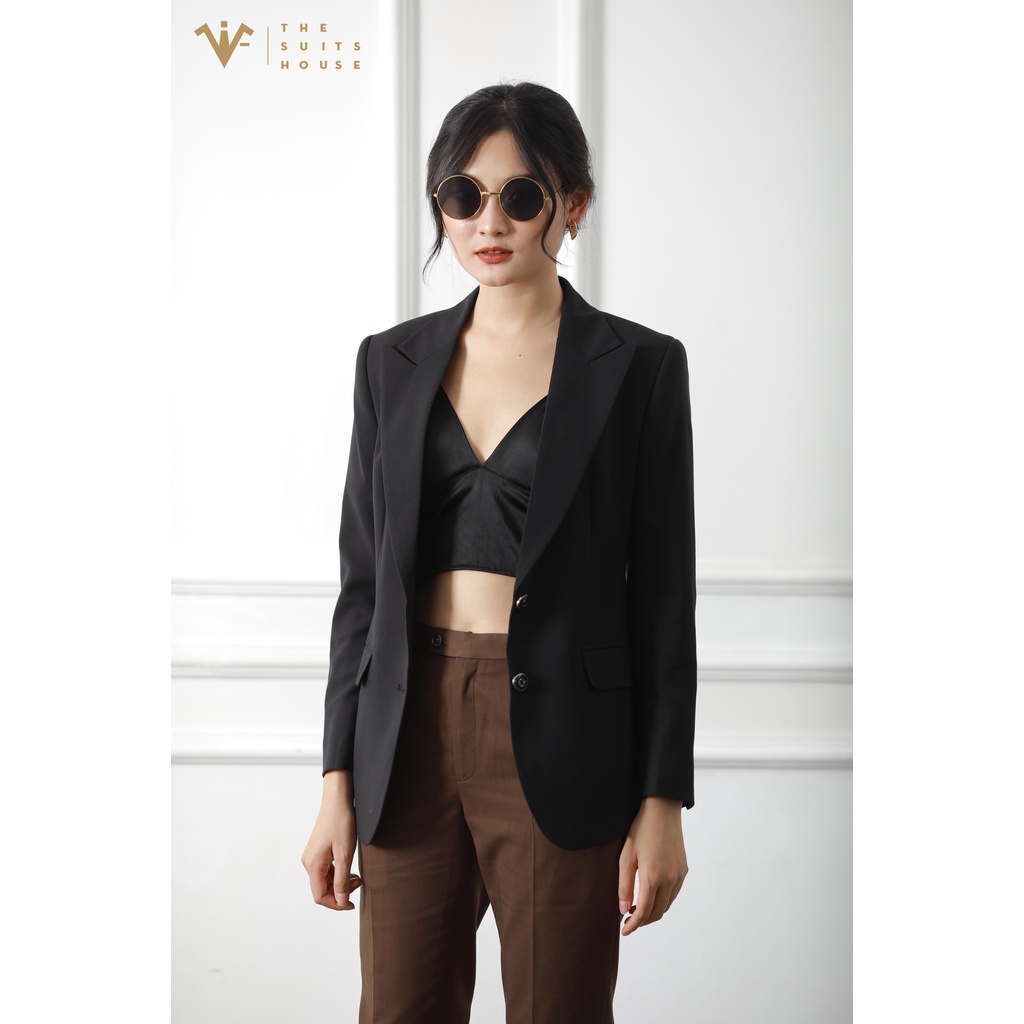 Bộ vest nữ đen phối nâu đậm 2 khuy 2 túi, suits sartorial chất cashmere The Suits House