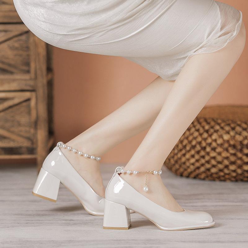 Giày Búp Bê Mũi Vuông Gót Vừa Dày Vừa Đính Ngọc Trai Phong Cách retro Pháp Thời Trang Mùa Xuân Hàng Mới Dành Cho Bạn Nữ