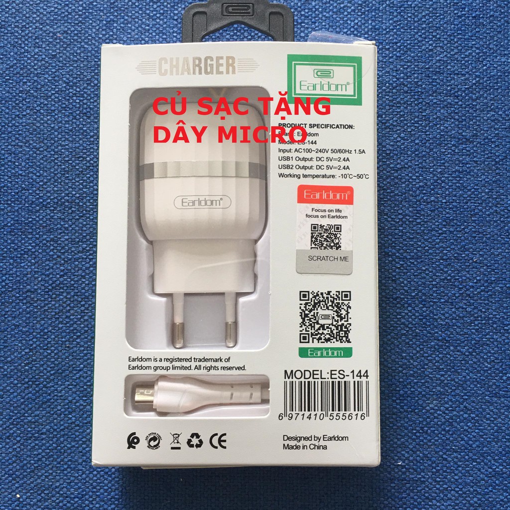 Bộ sạc nhanh Earldom ES-144 2 cổng 2.4A Hàng chính hãng Tặng kèm cáp micro USB