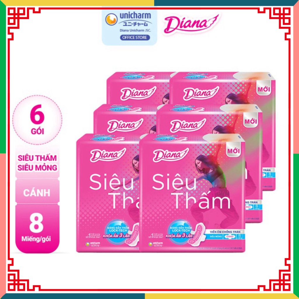 Bộ 6 gói Băng lau chùi Diana siêu thấm siêu mỏng cánh gói 8 miếng ( Đại lý Ngọc Toản)