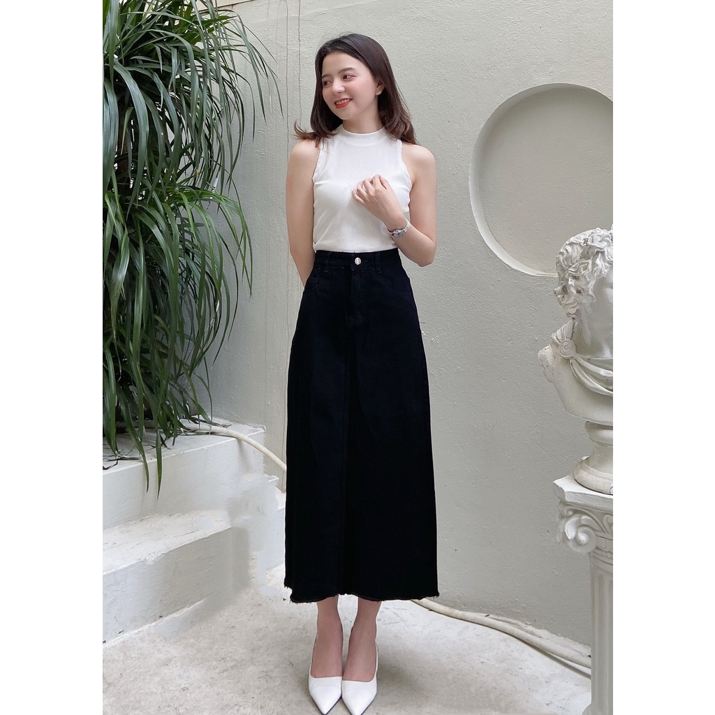 Chân váy bò basic EMIX (màu đen), midi, dáng dài, cạp cao, chữ A, có túi, vải jeans co giãn tốt, ít bai xù, CV46