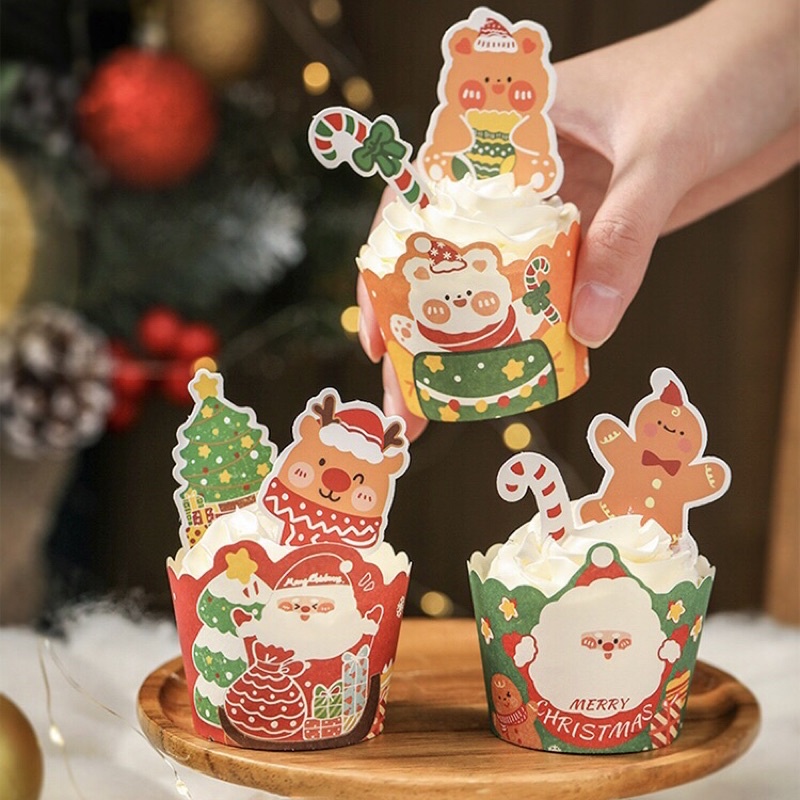 Phụ Kiện Thẻ Cắm Tag Giấy Trang Trí Bánh Kem Thiết Kế Nhiều Hoạ Tiết Màu Sắc DIY Phong Cách Giáng Sinh