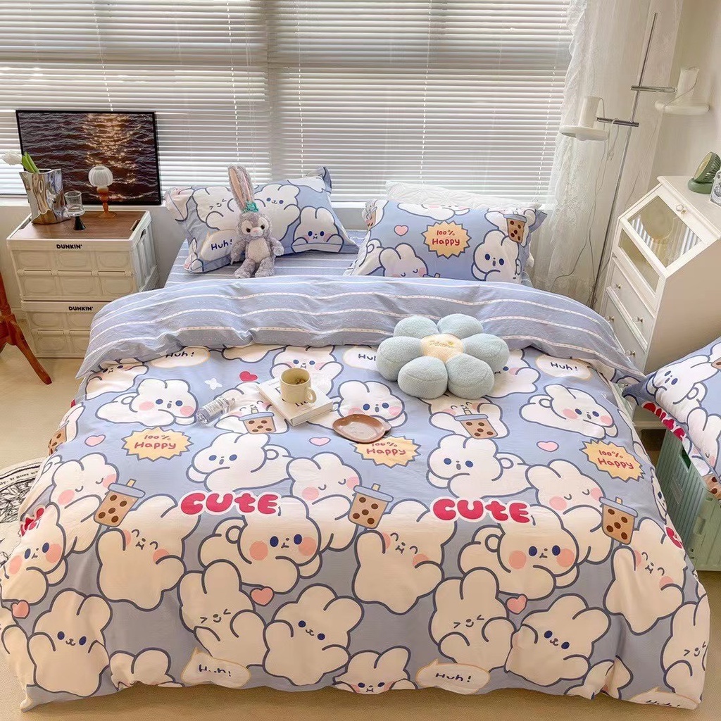 Bộ Chăn Ga Gối Cotton Living - 100% Cotton  , Bộ Ga Giường - Vỏ Chăn - 2 Vỏ Gối Nằm Họa Tiết Thỏ Ngọc Cho Các Bé