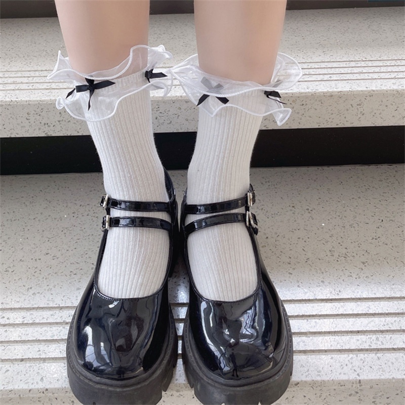 Youyo Vớ Cotton Vải Tuyn Phối Bèo Và Nơ Màu Trơn Phong Cách Harajuku Nhật Bản Ngọt Ngào Cho Nữ