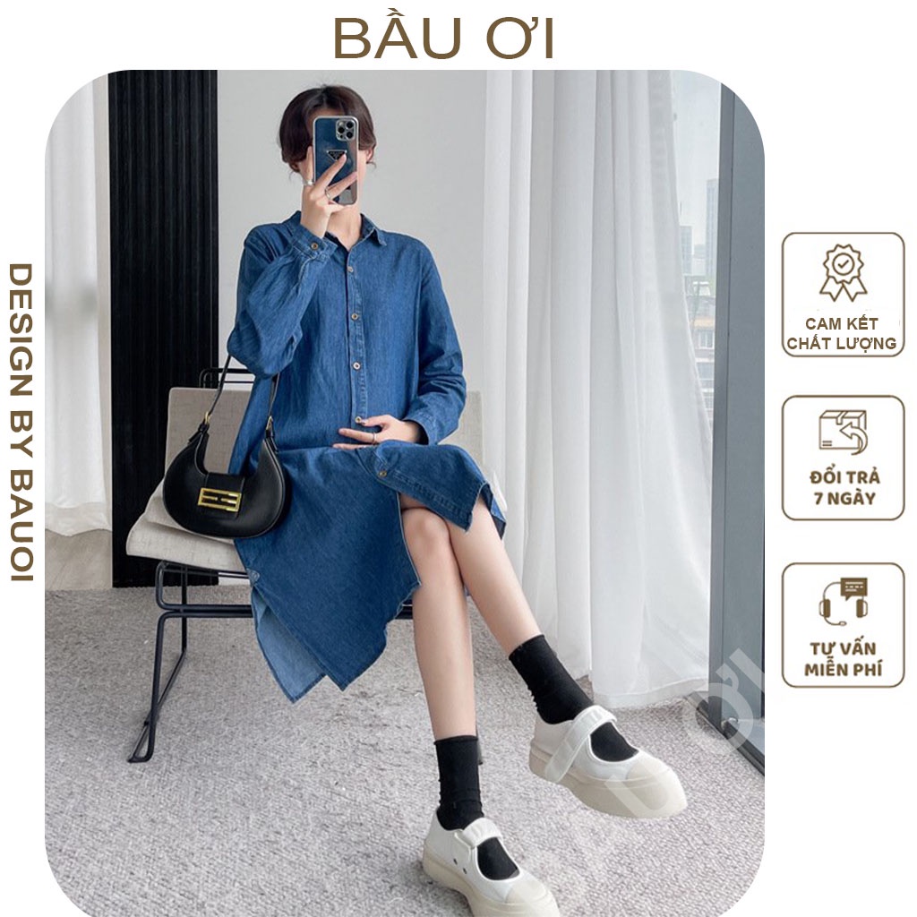[BAUOII V117] VÁY BẦU THU ĐÔNG DÀI TAY CHẤT BÒ SIÊU ĐẸP - ĐẦM BẦU SƠ MI JEAN DÁNG SUÔNG RỘNG MẶC TRẺ TRUNG NĂNG ĐỘNG