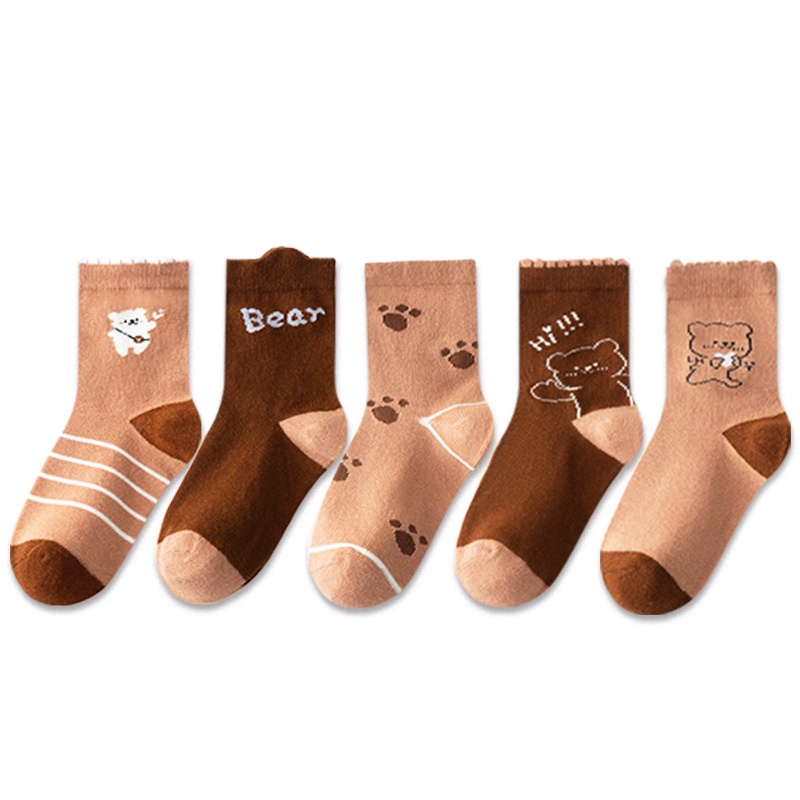 Vớ Cotton Cổ Trung Họa Tiết Kẻ Sọc / Chú Gấu Hoạt Hình Dễ Thương Thời Trang Thu Đông Cho Bé