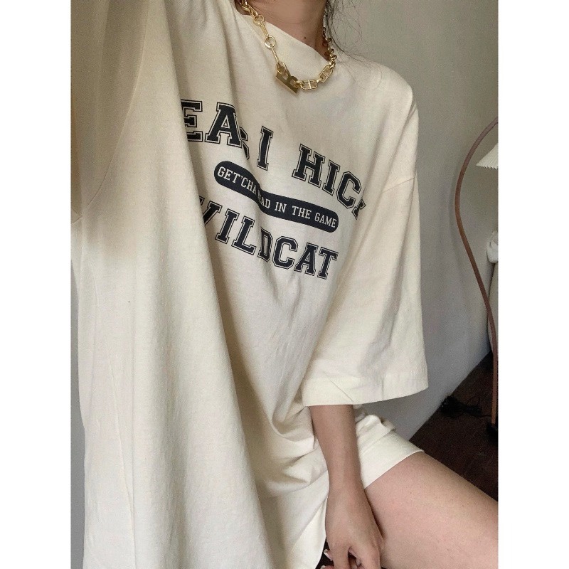 Áo thun tay ngắn cổ tròn in họa tiết chữ giản đơn kiểu Hàn cổ điển dễ phối đồ cho nữ