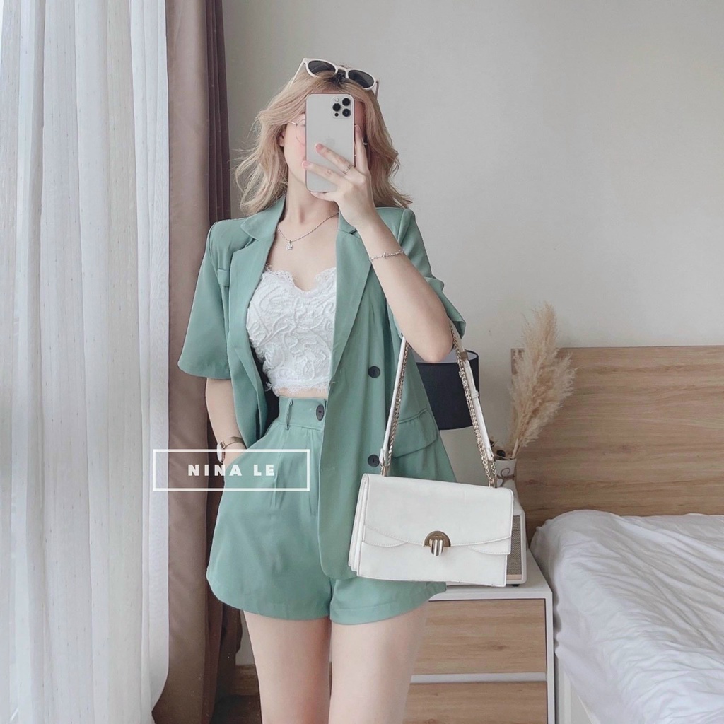 Set bộ đồ nữ vest tay ngắn mix quần ống rộng cùng tone màu lịch sự, sang trọng