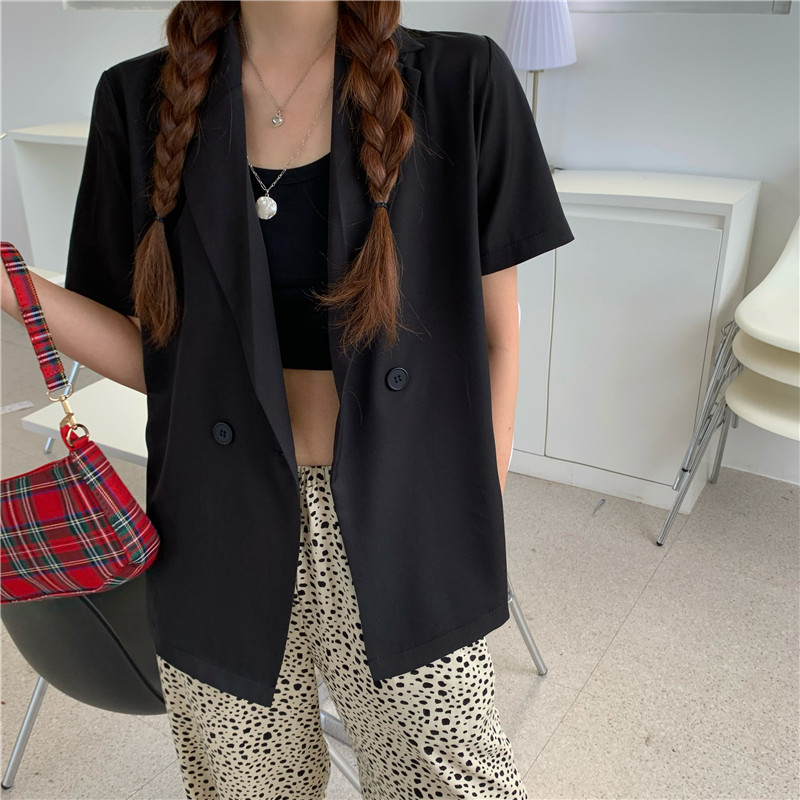 Áo khoác Blazer ngắn tay dáng rộng màu trơn phong cách Hàn Quốc dành cho nữ