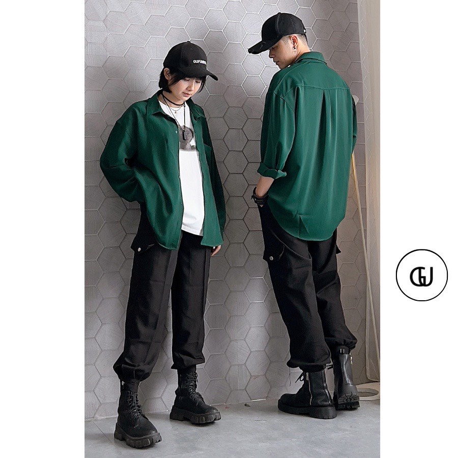 Áo Sơ Mi Xanh Lá Đậm Tối Chất Lụa Unisex Nam Nữ