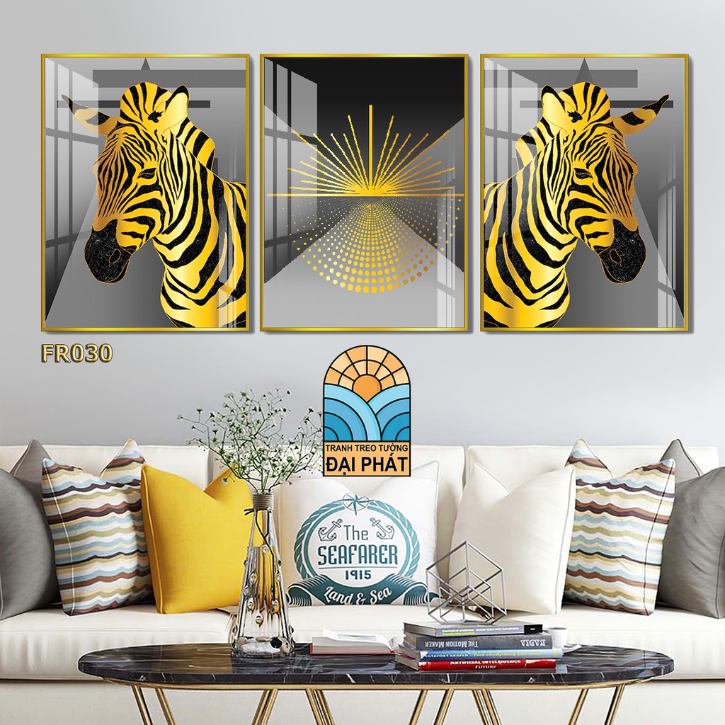 Bộ 3 tranh treo tường tone vàng kim tiền phong thủy treo tết