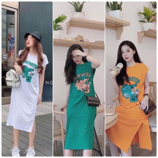 Đầm suông cotton cổ tròn in hình cá sấu freesize dáng dài - Váy ngủ thun co dãn from rộng bầu bí bon chen