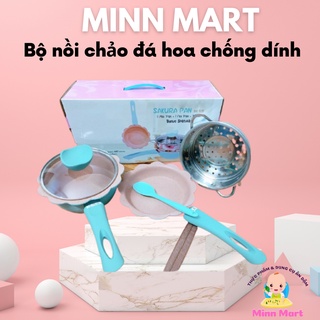 Bộ Nồi Chảo Cho Bé Ăn Dặm, Nồi Chảo nấu Quấy Hình Hoa Cao Cấp, Men Đá Chống Dính, Kèm Xửng Hấp