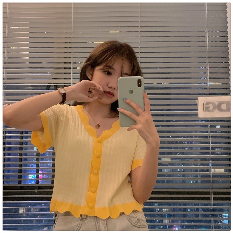 Áo Cardigan Dệt Kim Ngắn Tay Cổ Chữ V Dáng Ôm Xinh Xắn Thời Trang