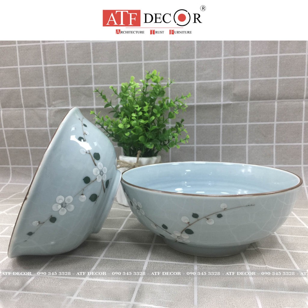 Bát tô sứ, tô canh sứ, tô sứ Bát Tràng cao cấp men lam ngọc vẽ hoa anh đào trắng - ATF Decor