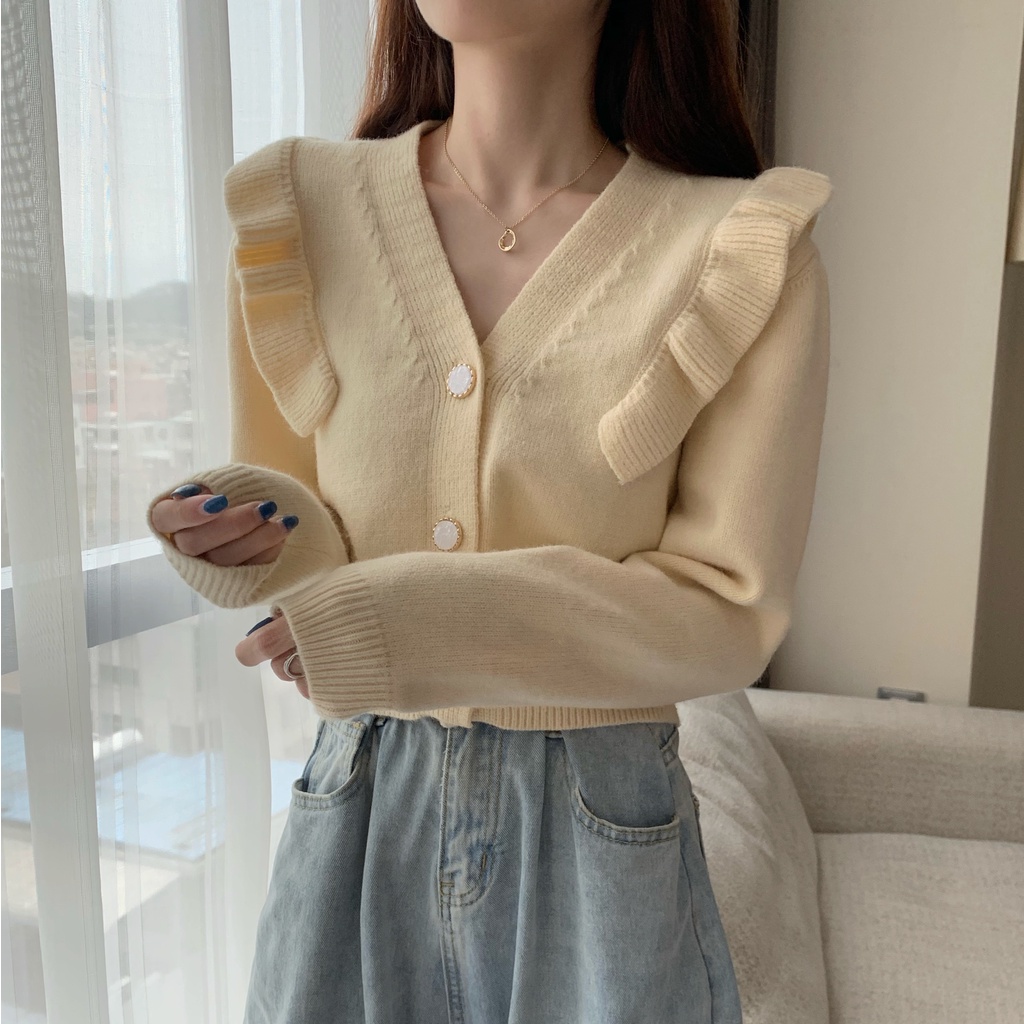 Áo cardigan dệt kim ZHELIHANGFEI cổ chữ V dáng ôm phong cách retro dành cho nữ