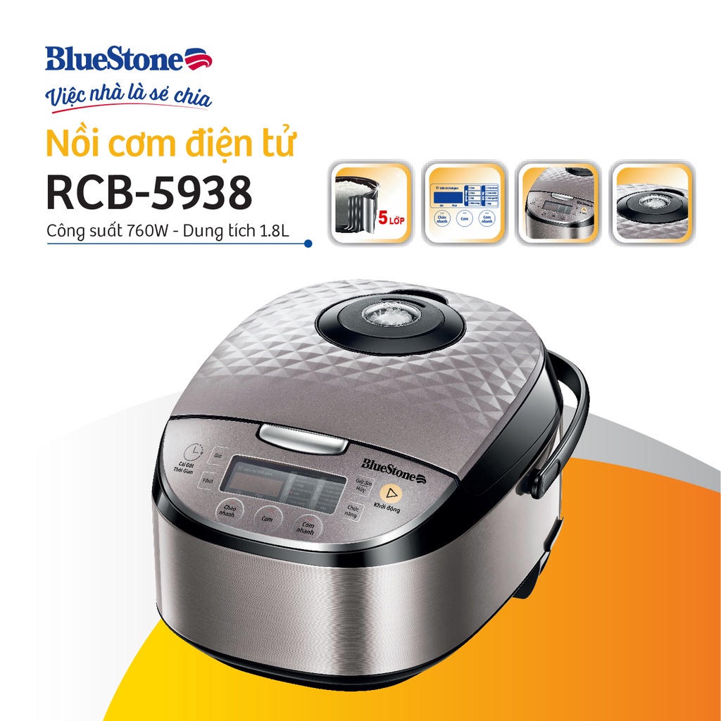 [Mã ELHAMS5 giảm 6% đơn 300K] Nồi Cơm Điện Tử BlueStone RCB-5938, 1.8Lit - 760W, Bảo Hành Chính Hãng 2 Năm