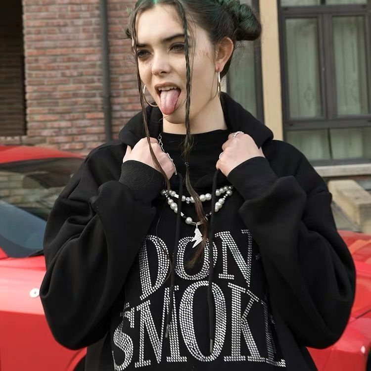 COZOK Áo Hoodie tay dài form rộng họa tiết kim cương phong cách hiphop