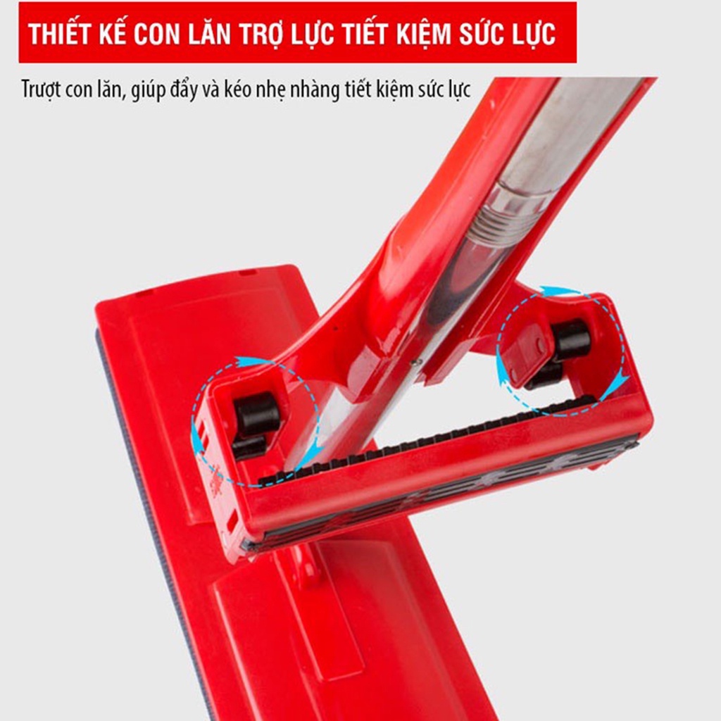 Chổi Lau Nhà Tự Vắt Màu Đỏ - Cây Lau Có Con Lăn Trợ Lực Vắt Nước Nhẹ Nhàng, Chổi Lau Nhà Xoay 360 Độ Lau Sạch Khô Nhanh
