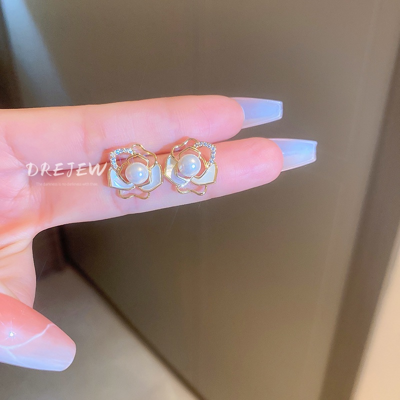 DREJEW Khuyên tai mạ vàng bạc kiểu hoa đính đá ngọc trai đơn giản phong cách Hàn Quốc