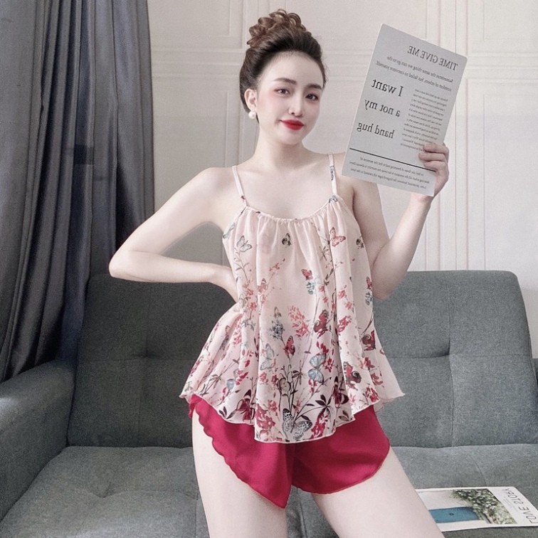 Set Đồ Ngủ Sexy Nữ Gợi Cảm❤️ Bộ Đồ  Đùi Cột Dây Chiffon Phối Satin Nữ Sexy❤️ | BigBuy360 - bigbuy360.vn