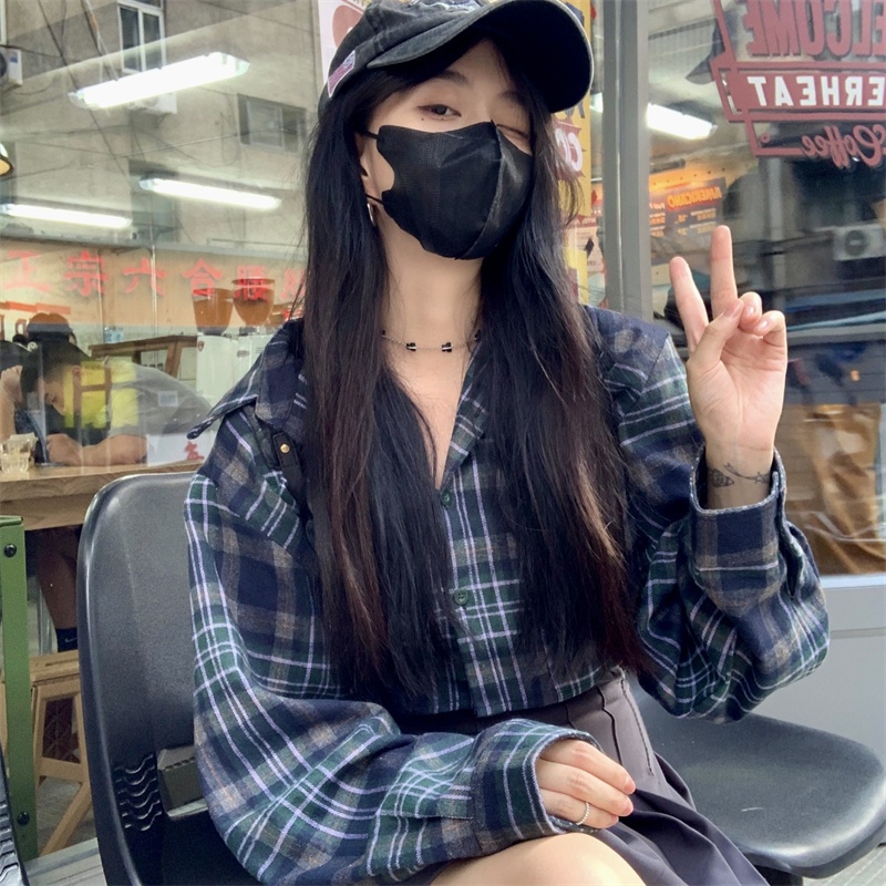 ZHELIHANGFEI Áo Sơ Mi Tay Dài Họa Tiết Sọc Caro Phong Cách Retro Thời Trang