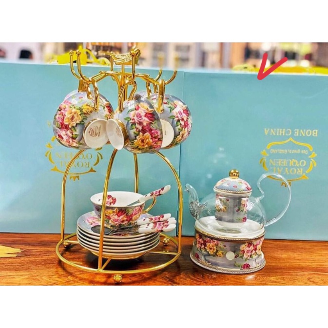 Bộ ấm trà chiều sứ xương Bone hoa đỗ quyên