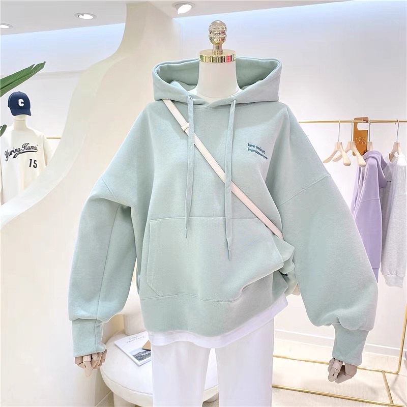 áo hoodie vải nỉ Lót Bông Dày Dặn Thêu Love Unisex Form Rộng