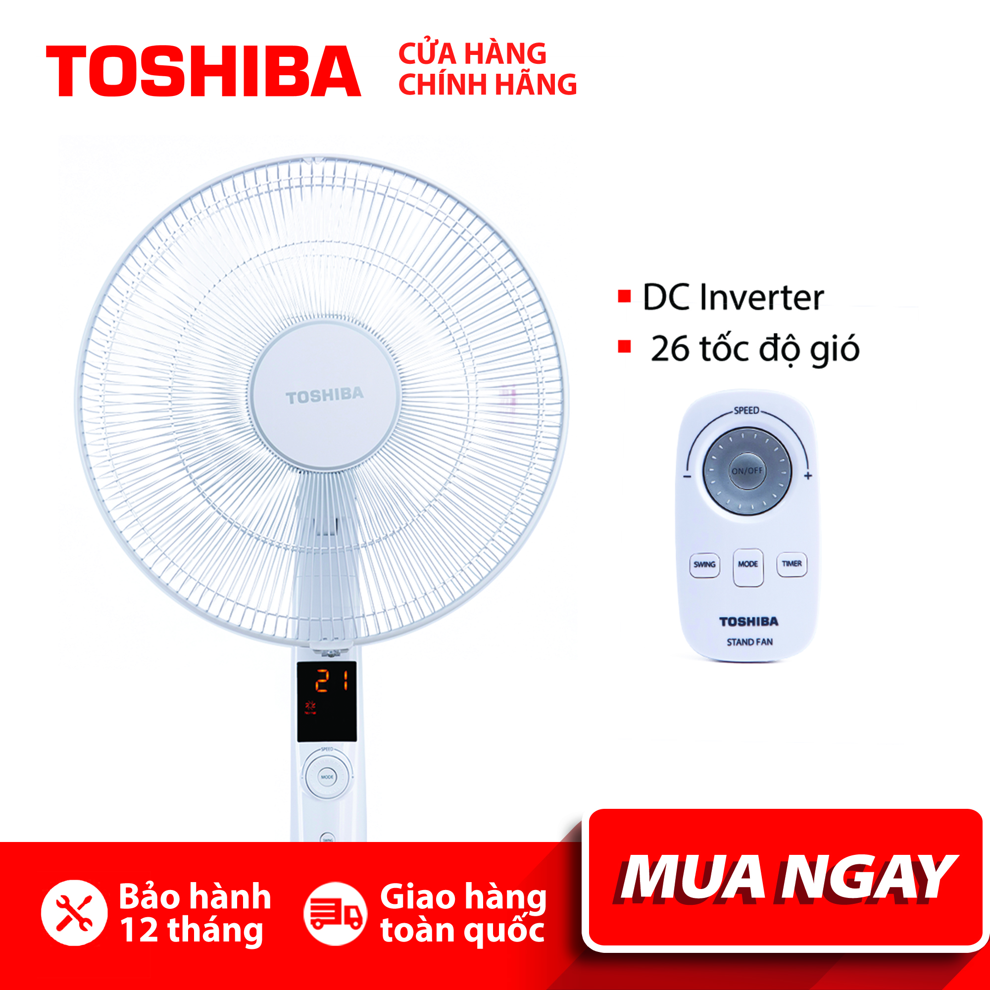 QUẠT ĐỨNG TOSHIBA F-LSD30(W)VN-9 cánh-DC inverter tiết kiệm điện 70% - 26 tốc độ gió -Hàng chính hãng, bảo hành 12 tháng