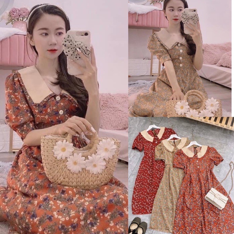 Váy hoa Vintage cổ sen Quý Tộc Đầm hoa dáng xoè chiết eo Quảng Châu