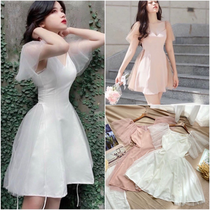 Đầm xòe thân phối lưới tay cánh tiên  tiểu thư nữ tính xd